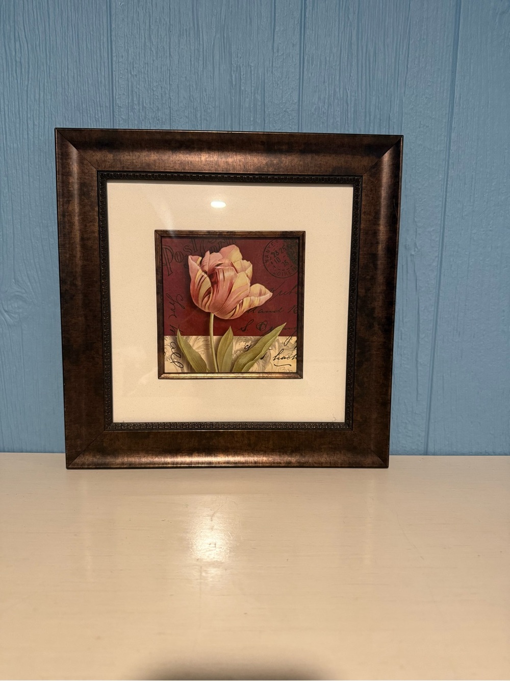 13”x13” Framed Tulip Wall Art - Brown Frame, Pink Tulip